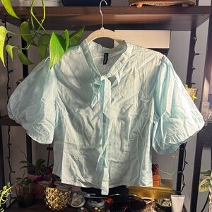 Divided Sky Blue Tie-Neck Top